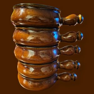 5 Vtg Oven Proof Stoneware Handled Crock Pot Bowl Ceramic Pottery Reddish Brown